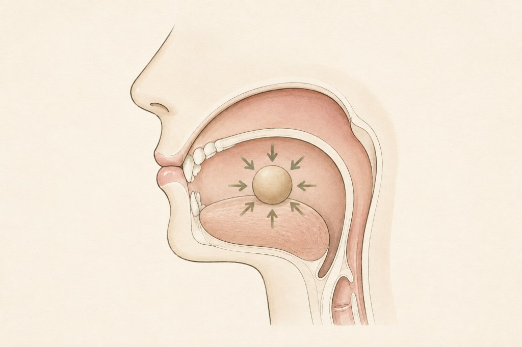 Vacuum Bite illustrated guide showing gentle inward pressure around a snack in the mouth