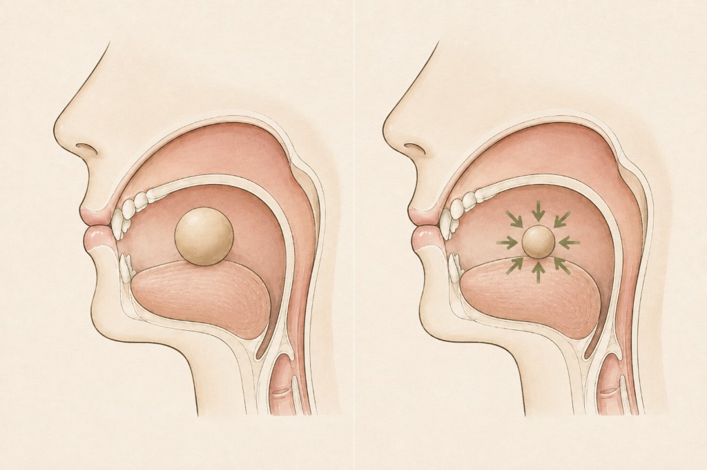Before-and-after illustration of a snack becoming smaller under gentle pressure in the mouth