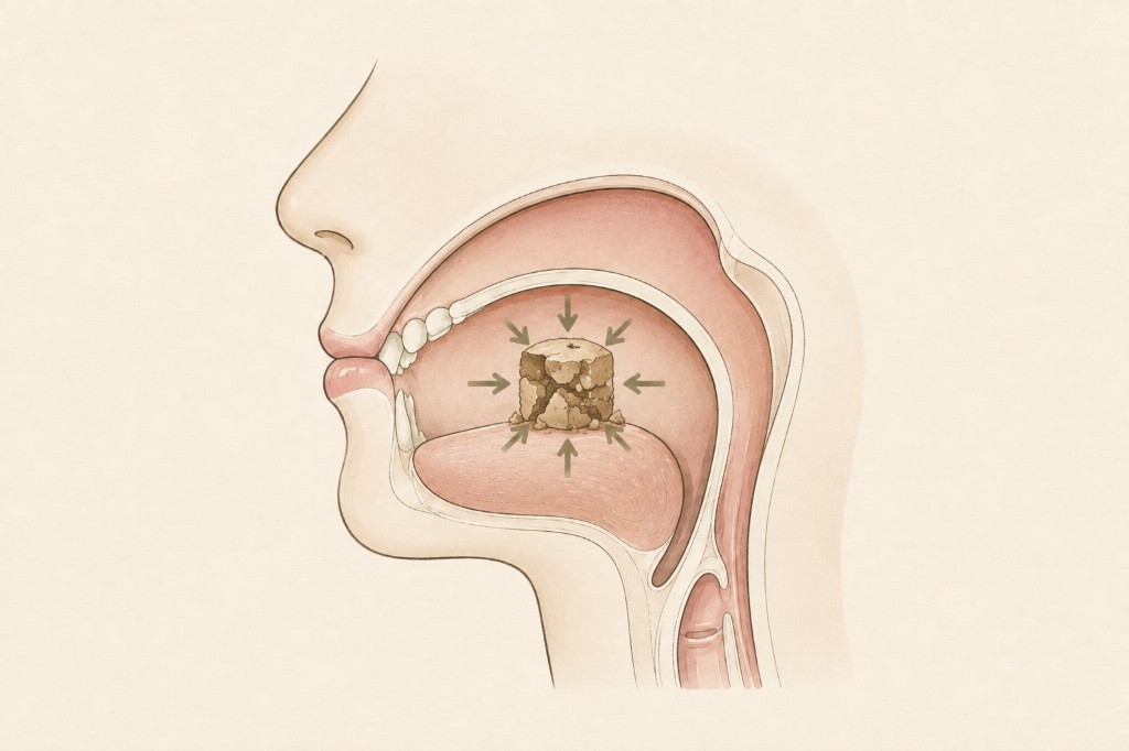 Complex layered snack compressing under gentle pressure inside the mouth