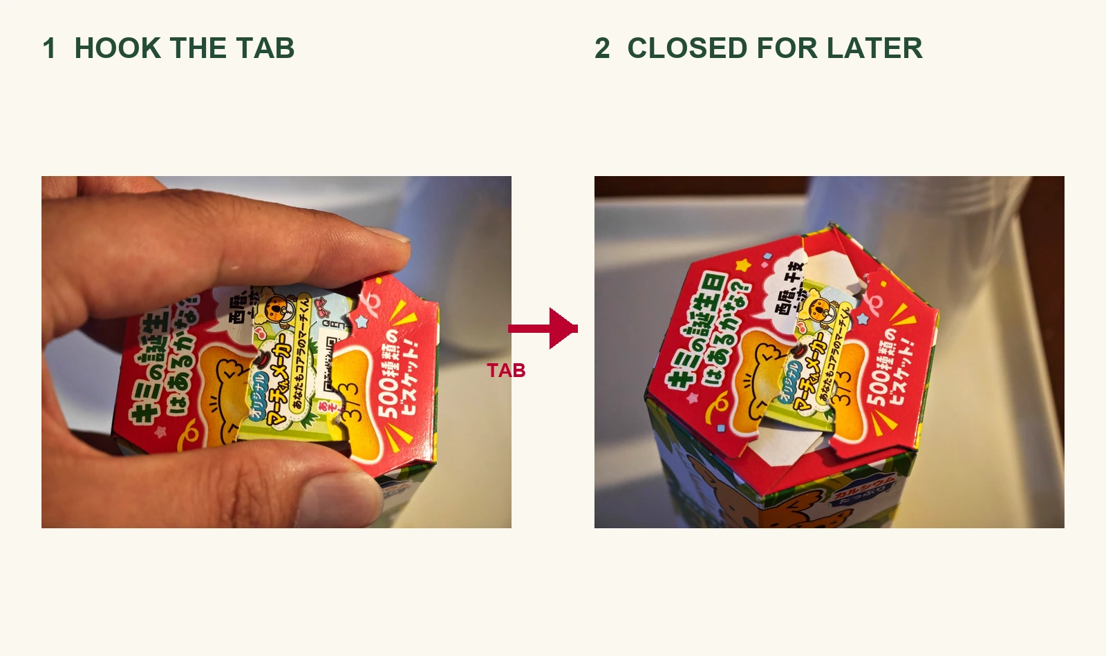 Before-and-after guide showing how to hook the Koala's March carton tab closed