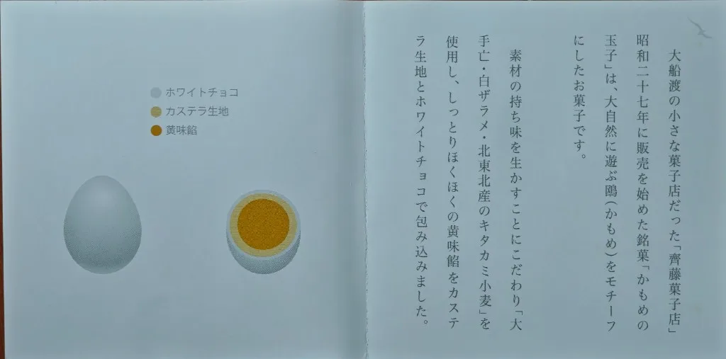 Kamome no Tamago pamphlet inner spread with cross-section diagram and history