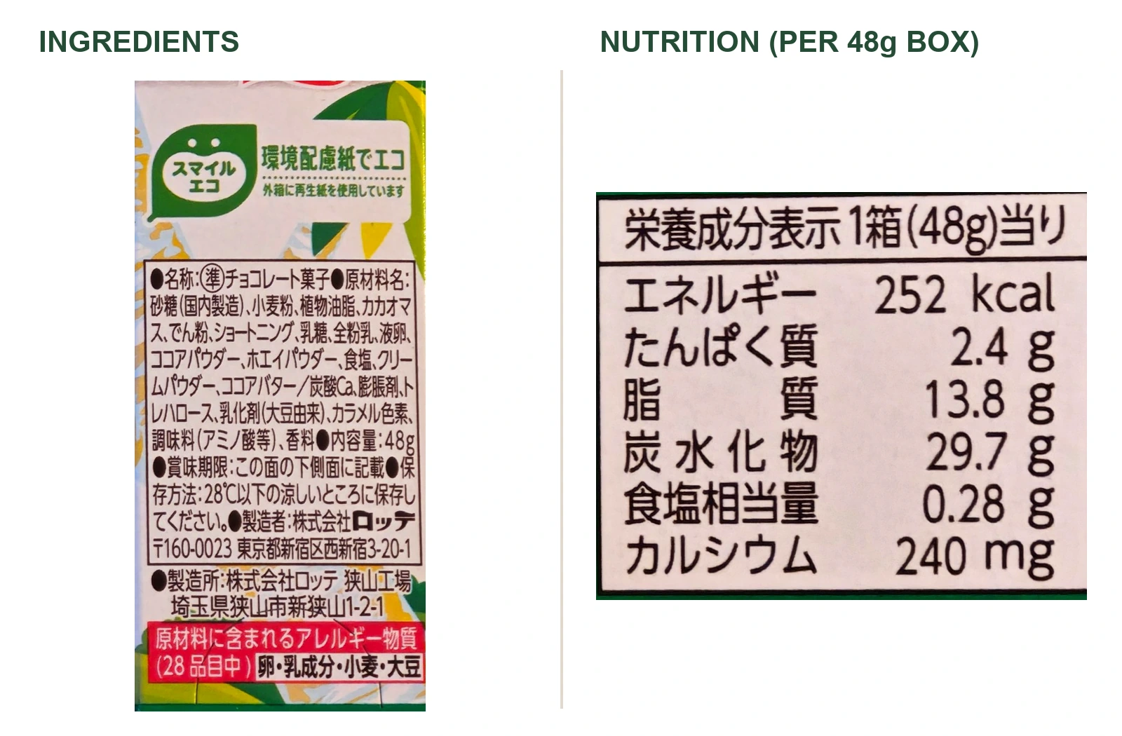 Combined ingredient and nutrition labels for a 48g Koala's March box