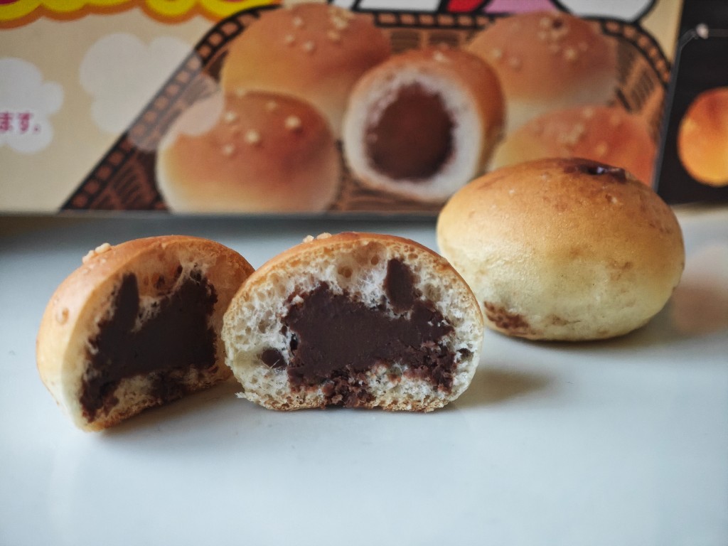 Cut Choco Anpan showing bread crumb and chocolate center