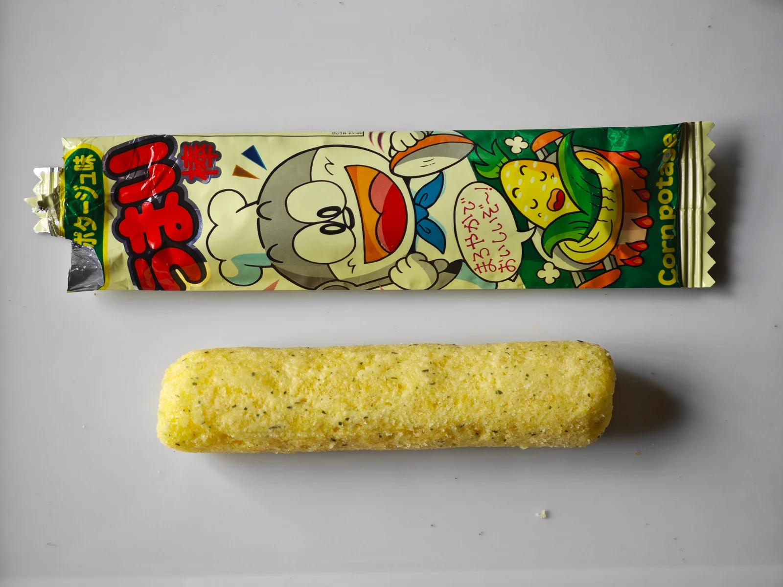 Corn Potage Umaibo wrapper and unwrapped corn stick