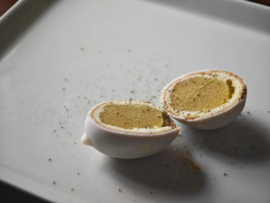 Cross-section of Kamome no Tamago Mini with black pepper sprinkled on the filling