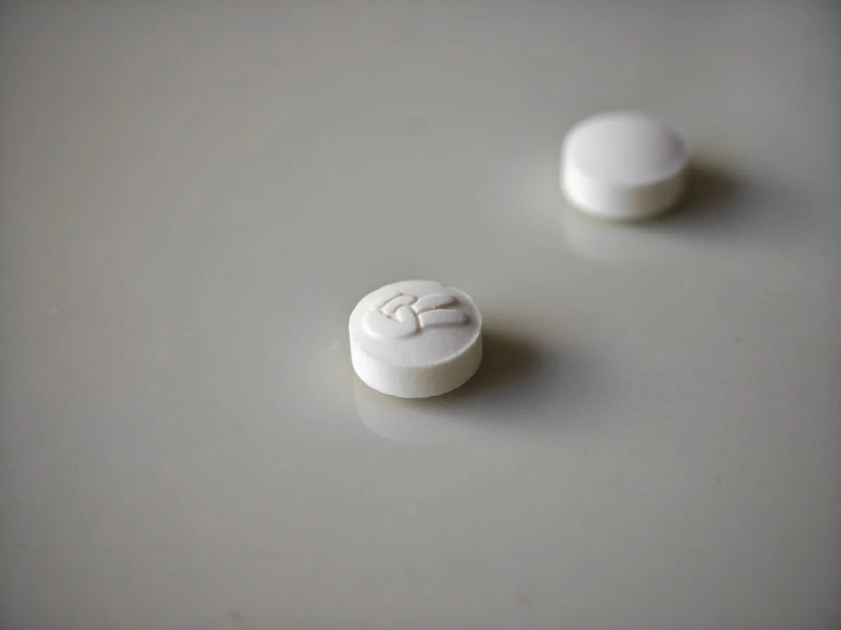 Macro of a Calpis MINTIA tablet embossed with a peace sign