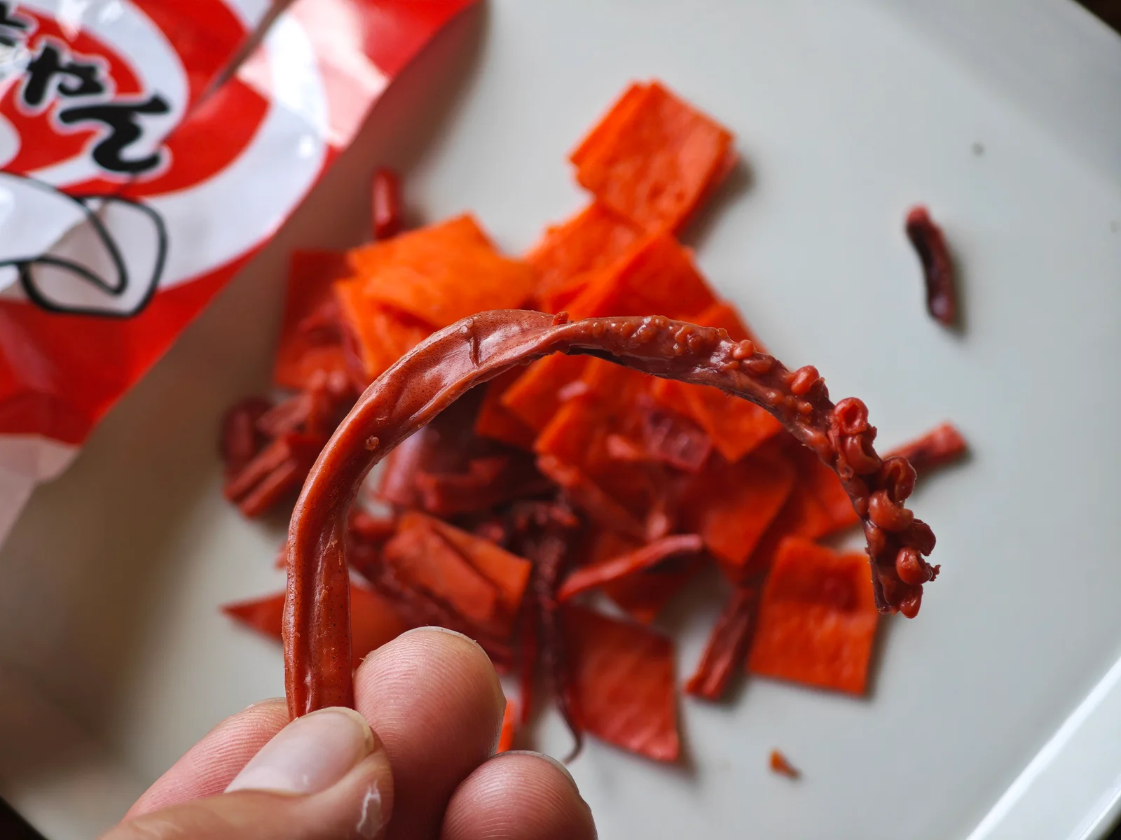 Hand holding a deep-seasoned geso piece from a 20g Cut Yocchan pack
