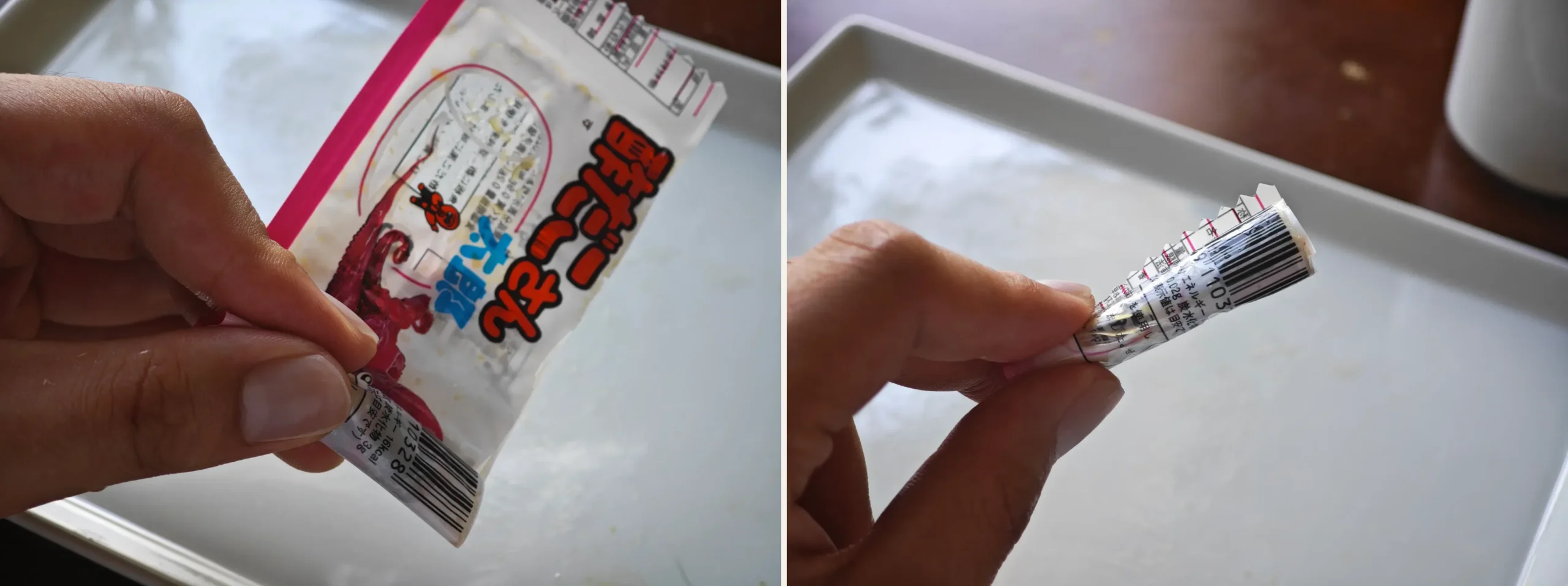 Rolling a Sudako pack into a tube, before and after