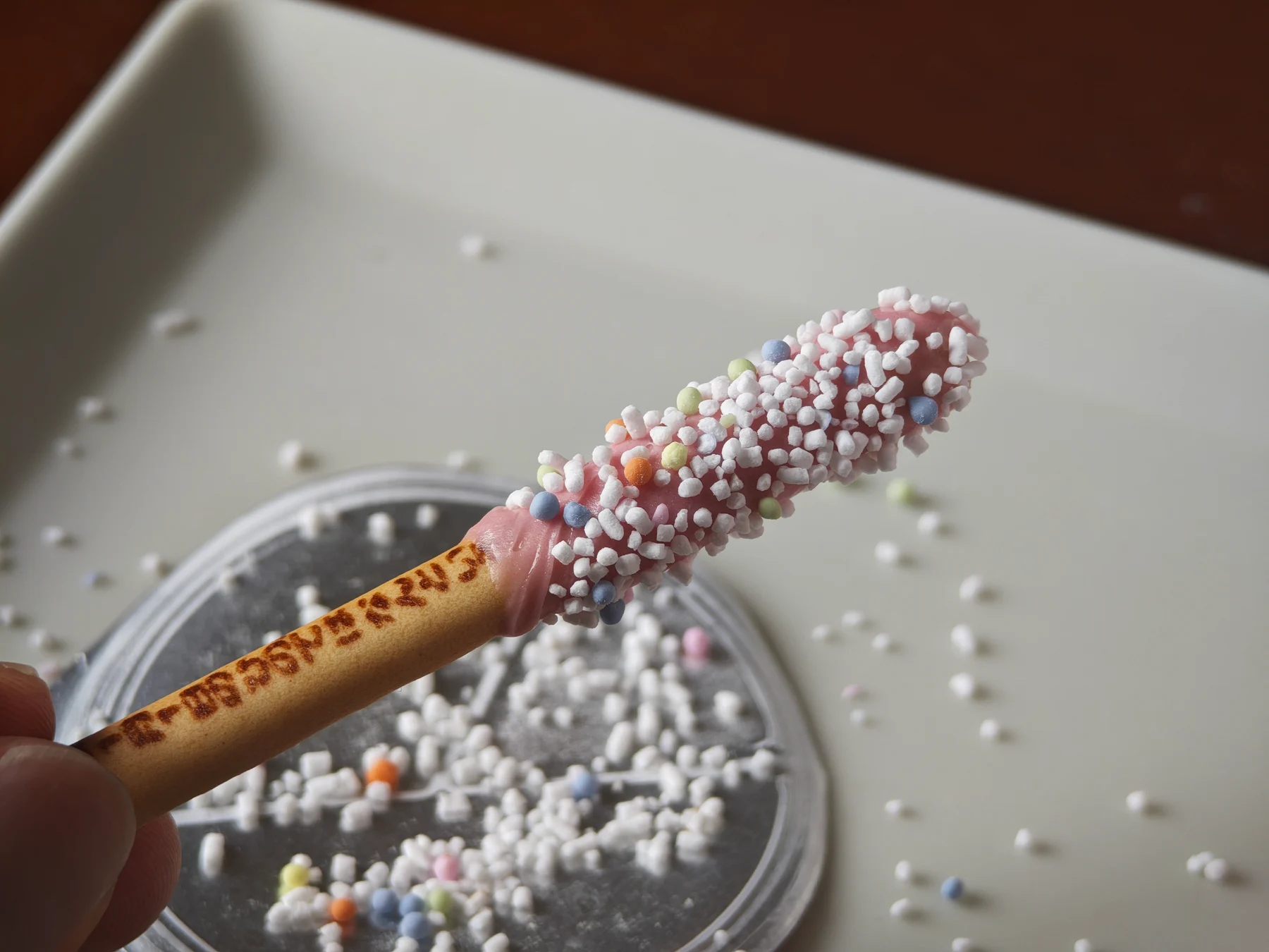 Strawberry Yan Yan stick evenly covered with colorful topping