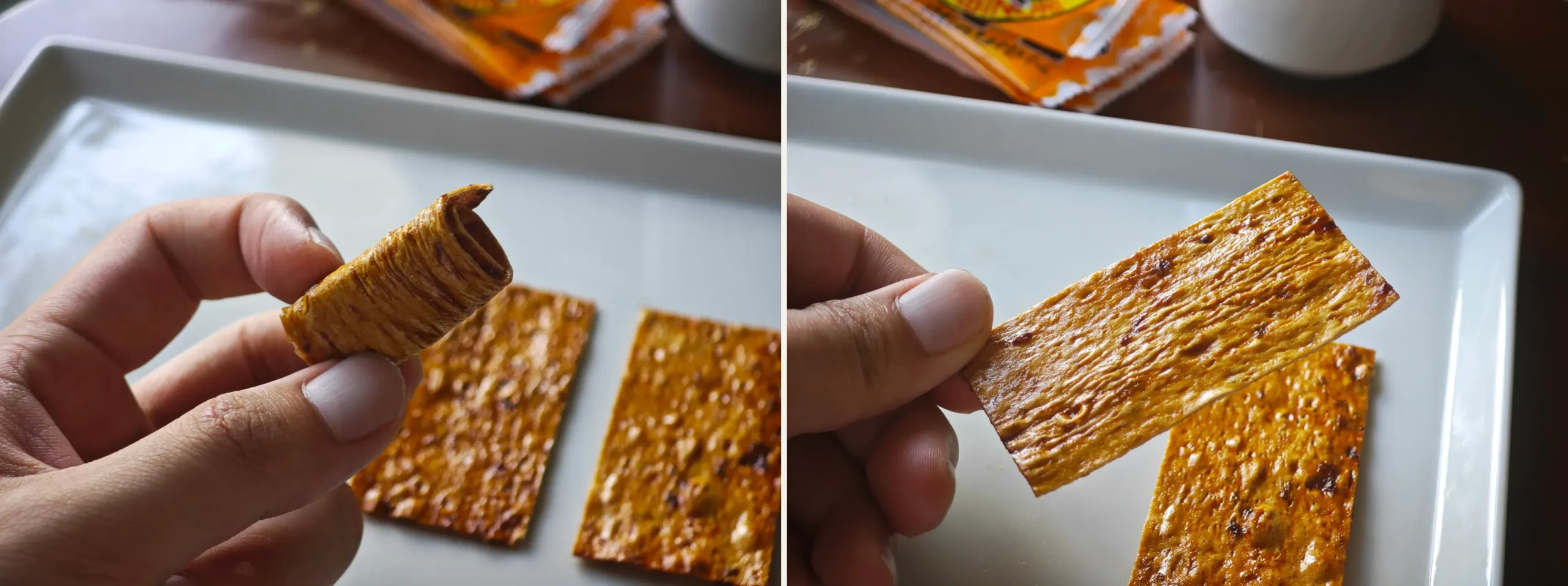 Rolling a hard San Taro sheet for a molar chew, before and after