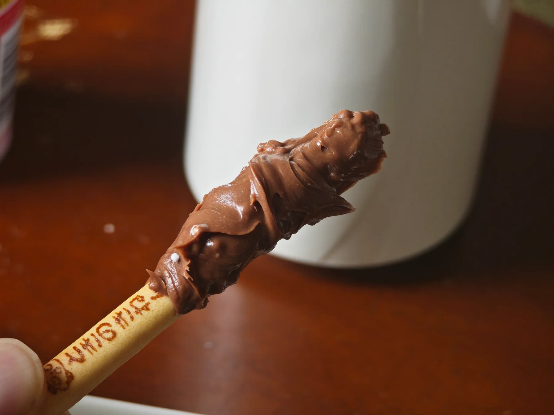 Final Yan Yan cracker carrying an extra-heavy layer of chocolate