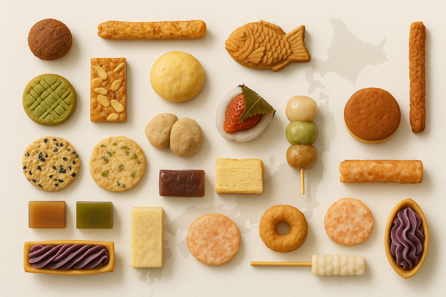 A wide collection of Japanese sweets and snacks from across all regions of Japan, shown over a soft map of Japan