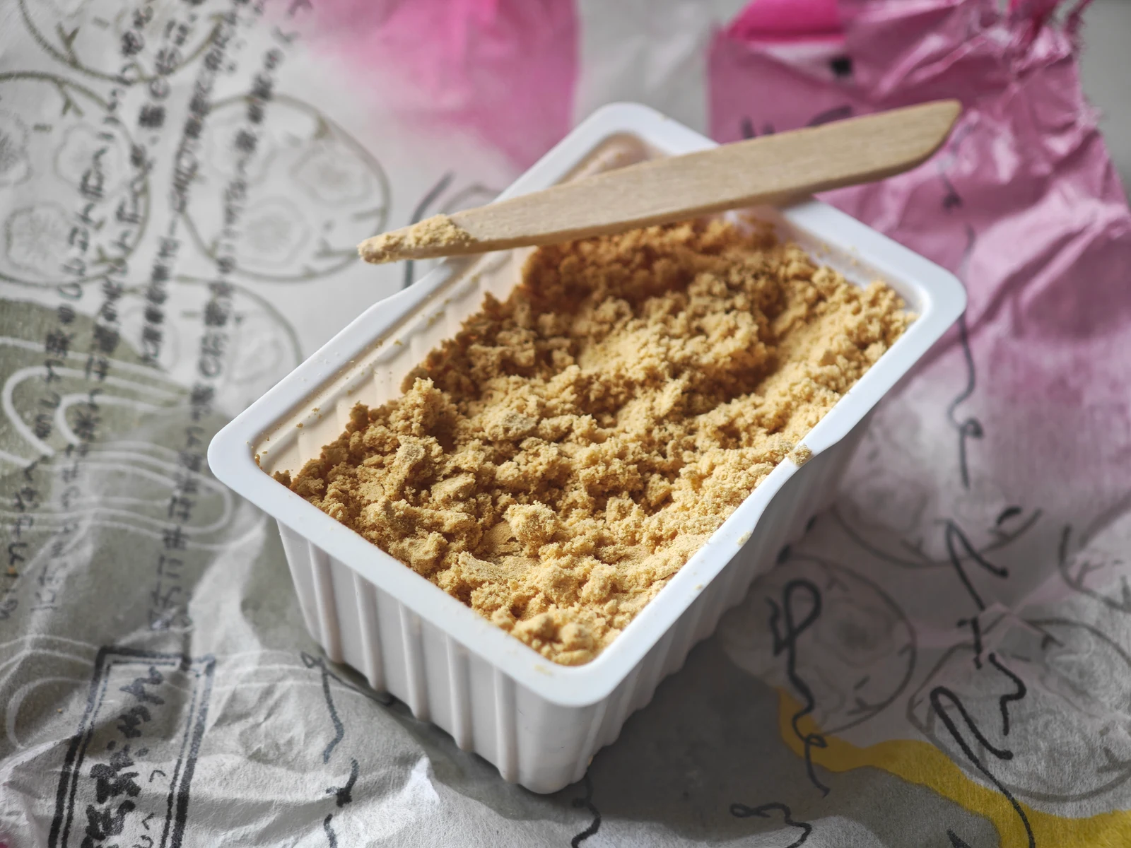 Kinako surface loosened with the included wooden pick before adding syrup